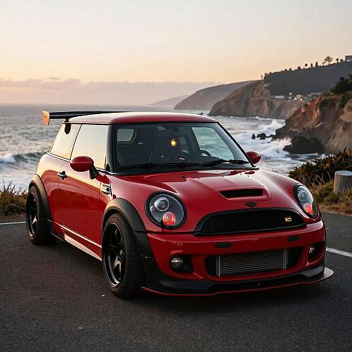 Muscular Red Mini Cooper at Sunset
