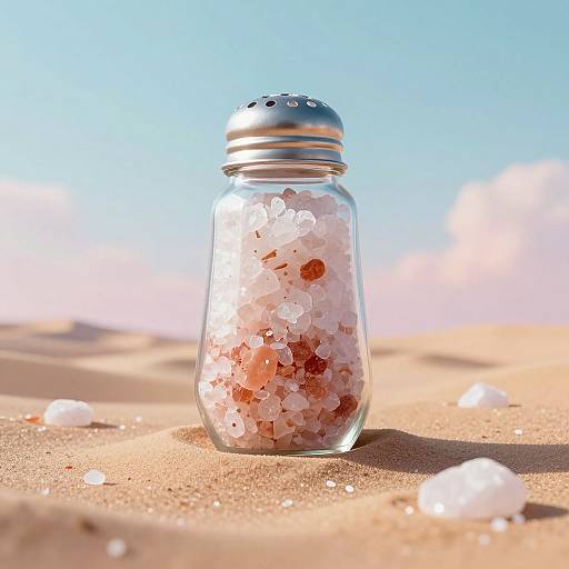 Photograph of a clear glass salt shaker filled with coarse sea salt and a single red peppercorn, standing on a sunny, sandy beach with