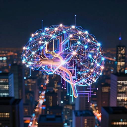 Digital artwork of a glowing, neon-wired brain against a nighttime cityscape with illuminated skyscrapers, blending technology and urban elements.