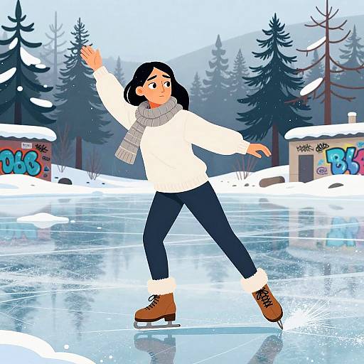 Digital illustration of a young woman skating on a frozen lake, wearing a white sweater, gray scarf, dark pants, and brown boots, with snow-covered