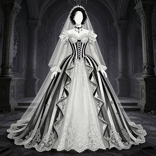 Gothic-style digital illustration of a faceless woman in a detailed, black-and-white, lace-trimmed, Victorian wedding dress with long veil