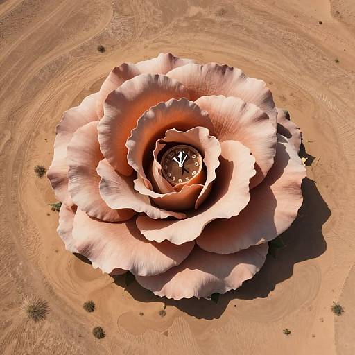 Aerial photograph of a massive, pink desert rose with ruffled petals, centered in a sandy, sunlit desert landscape.