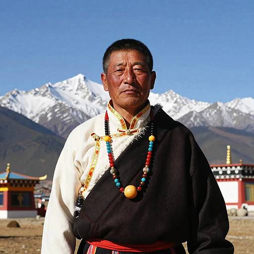 Photograph of an older Asian man in traditional black and white Tibetan attire with colorful bead necklaces, standing in front of snow-capped mountains and a