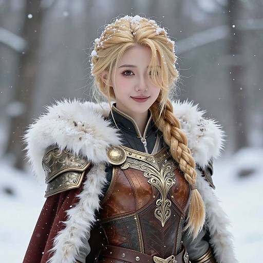 Digital art of a blonde woman with braided hair, wearing ornate, fur-trimmed medieval armor, smiling in a snowy forest.