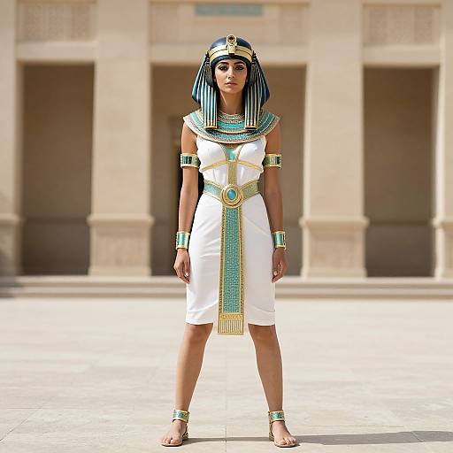 Photograph of a woman in an Egyptian-style white dress with gold and turquoise accessories, striped headpiece, and an ancient temple background.