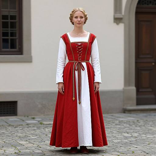 Photograph of a young blonde woman in a red and white medieval-style dress, standing on a cobblestone street, with a historic building in the