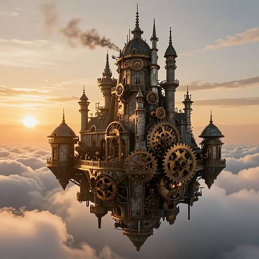Steampunk floating castle with large gears, towers, and domes, illuminated by sunset, surrounded by fluffy clouds, in a digital art style.
