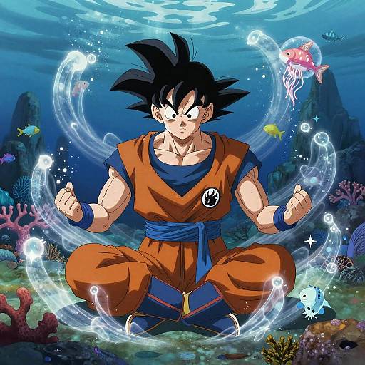 Goku Meditating in Bioluminescent Ocean Cave