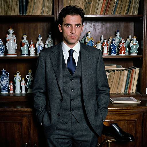 Photograph of a handsome man with short, curly dark hair, wearing a dark gray three-piece suit, white shirt, and black tie, standing in