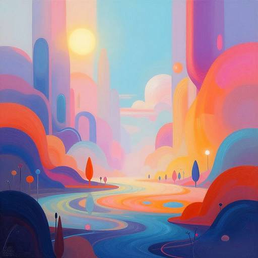 Vibrant digital artwork featuring a surreal landscape with glowing, colorful mountains, a bright sun, winding river, and abstract trees against a blue sky.