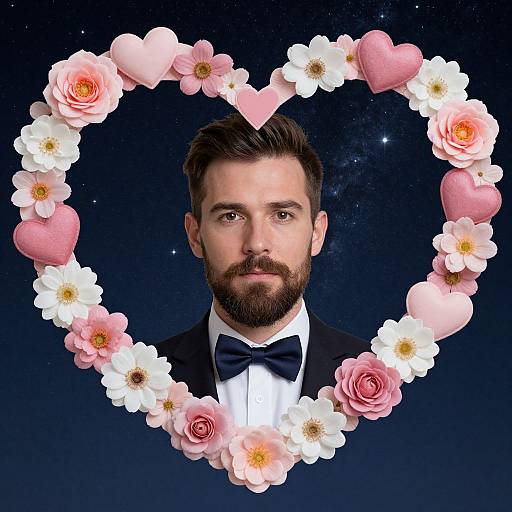 Bearded Man in Heart Floral Frame