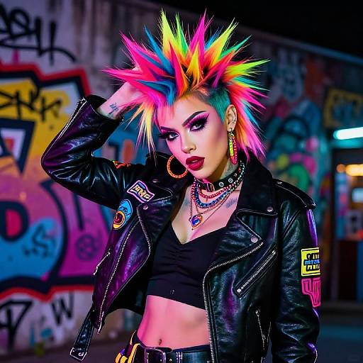 Photograph of a punk-rock woman with vibrant, multicolored spiky hair, black leather jacket, and heavy makeup, standing in a graffiti-covered