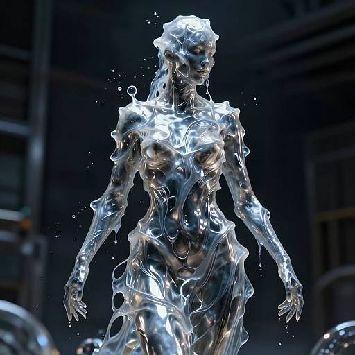 Digital CGI image of a glowing, translucent, silver metallic woman with intricate, flowing contours and highlights, standing in a dark, industrial background.