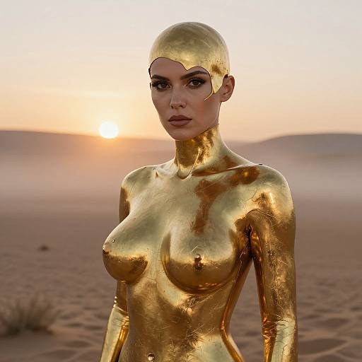 Photorealistic CGI of a topless woman with gold metallic skin and bald head standing in a desert at sunset.