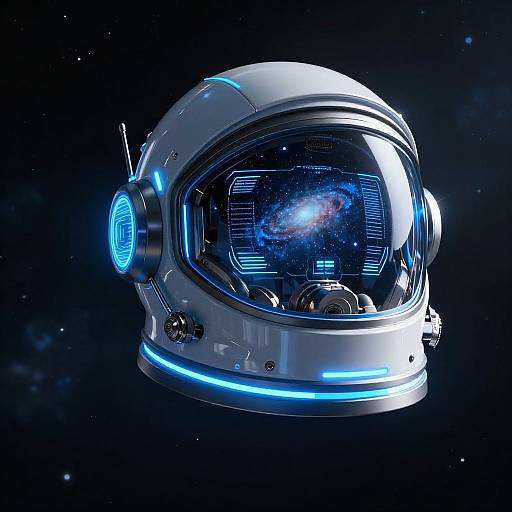 CGI image of a futuristic white space helmet with blue neon accents and a reflective visor showing a galaxy, floating in a starry black space background