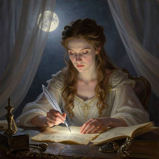 Photograph-like digital art of a fair-skinned woman with wavy brown hair, wearing a white, gold-embroidered medieval gown, writing