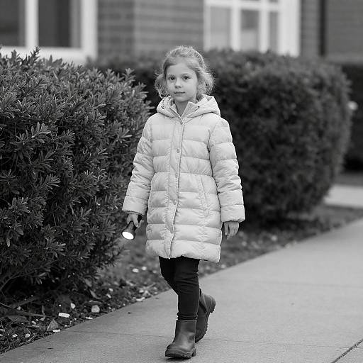 Young Girl Walking with Flashlight in Winter Coat