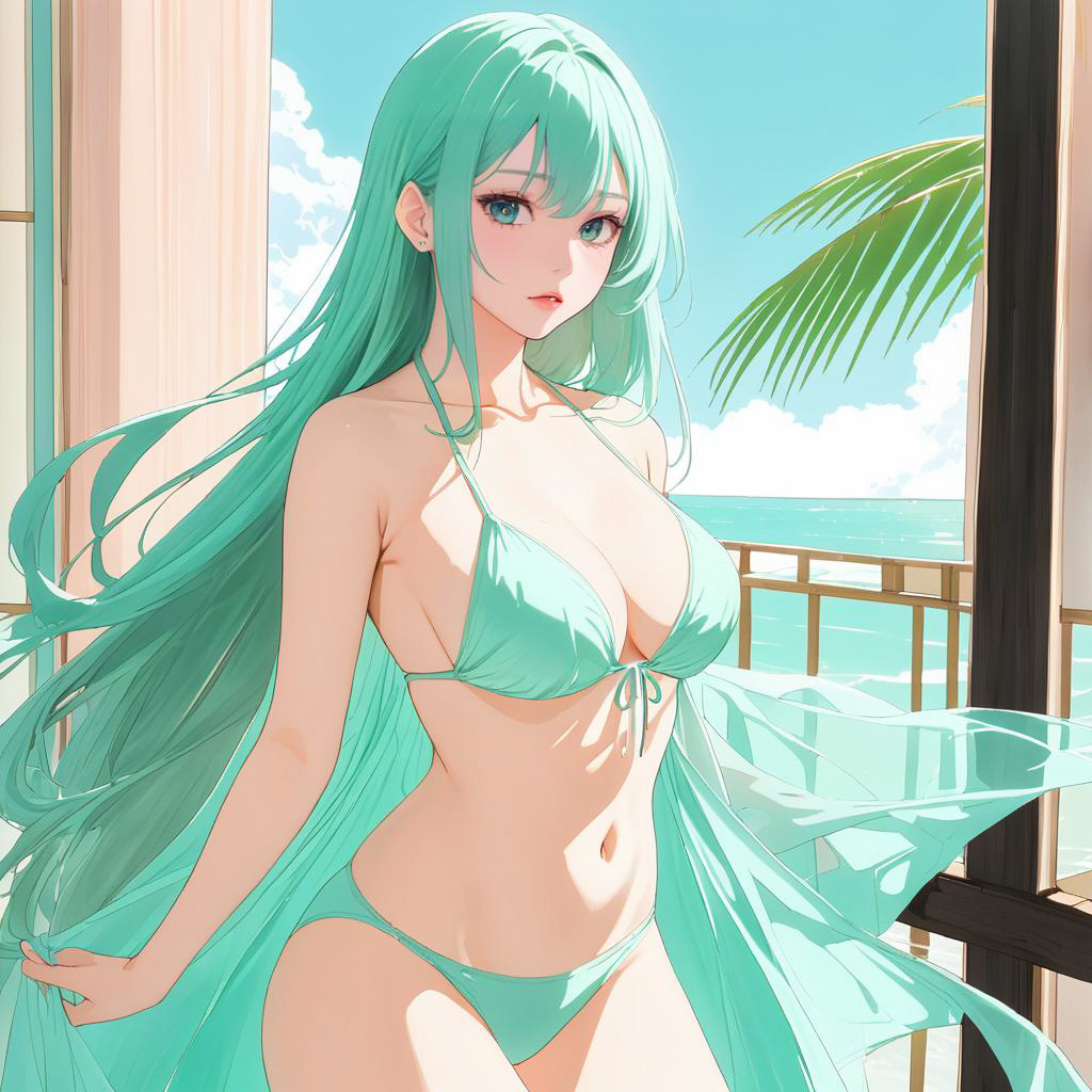 Blushing Woman in Mint Green Bikini