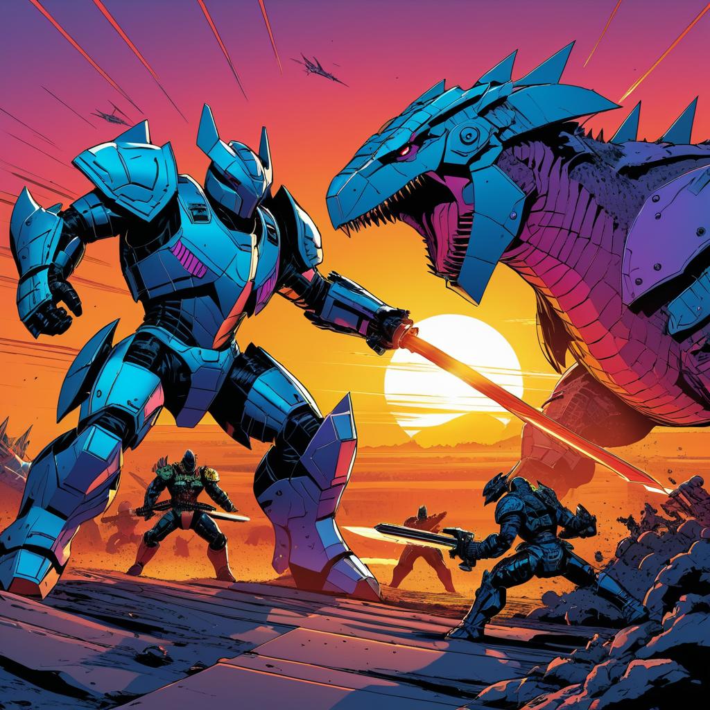 Epic Battle of Robotic Dinosaurs at Sunset