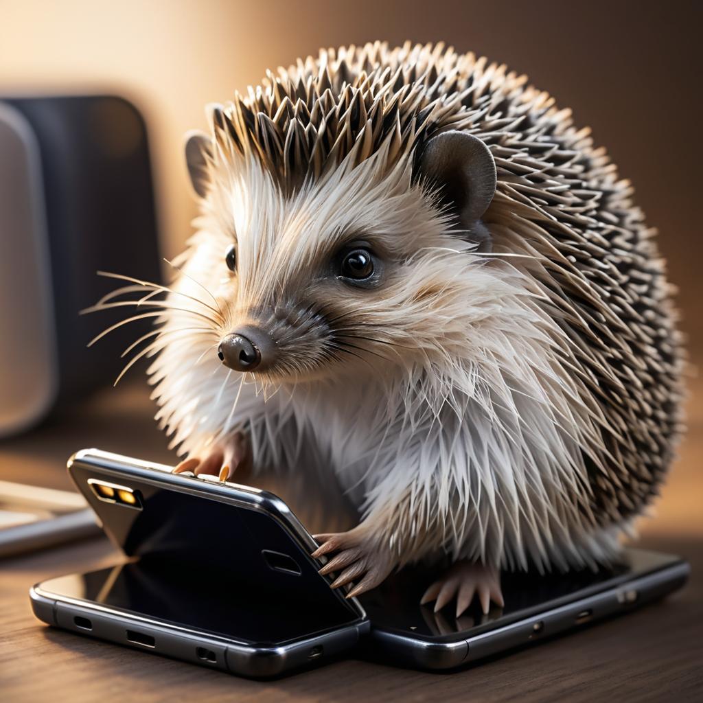 Hedgehog Using Smartphone in Detail