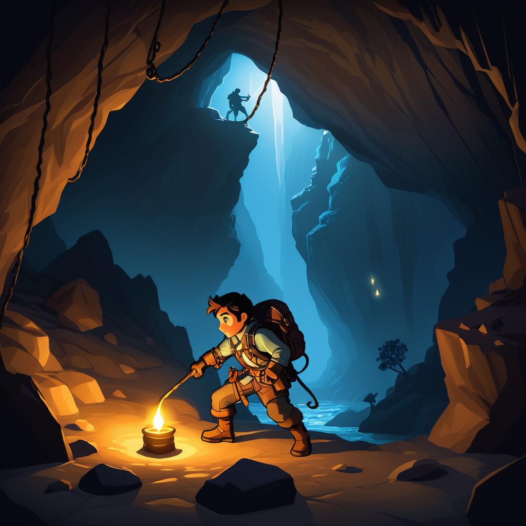 Explorer Scaling Cave with Grappling Hook