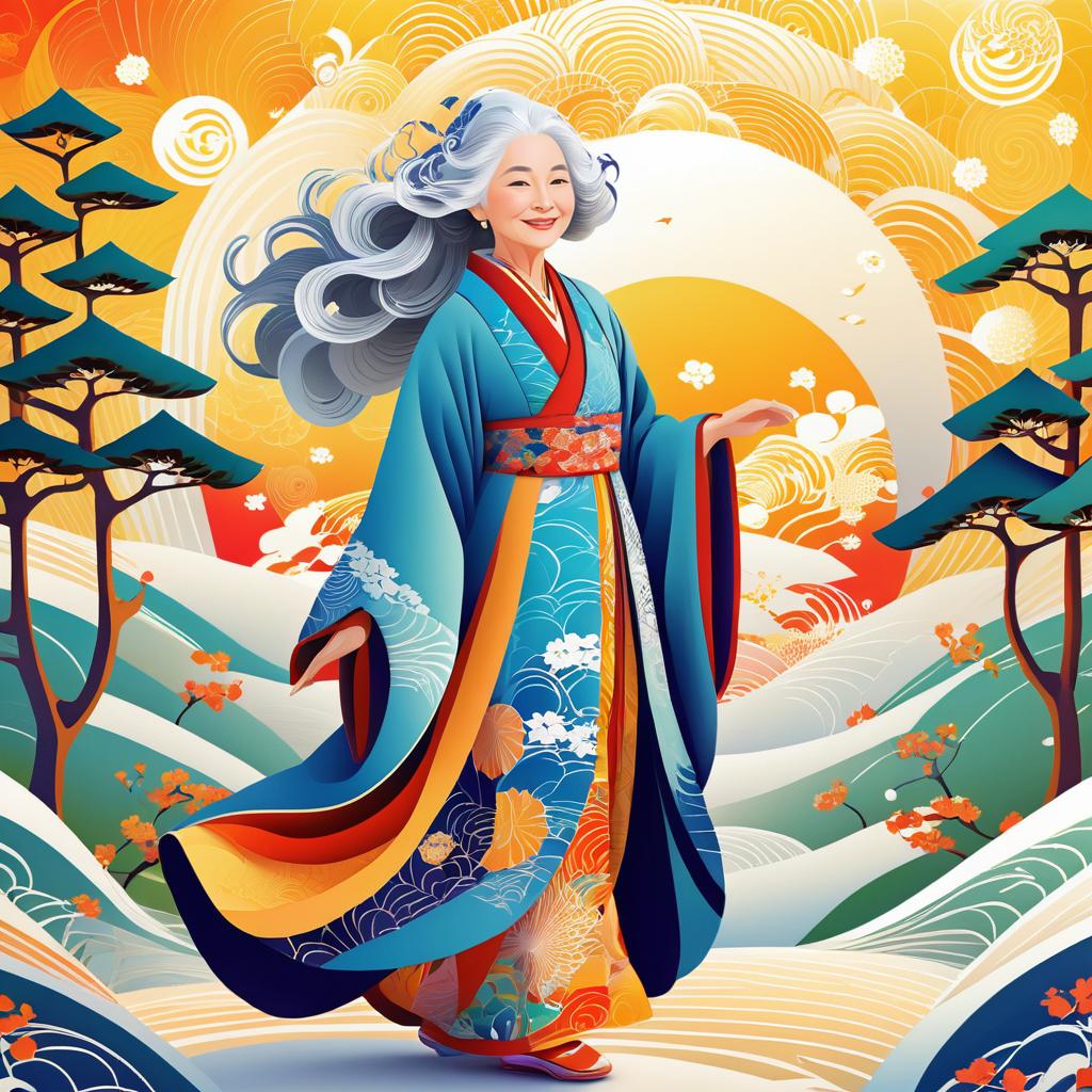 Whimsical Elderly Woman in Vibrant Kimono