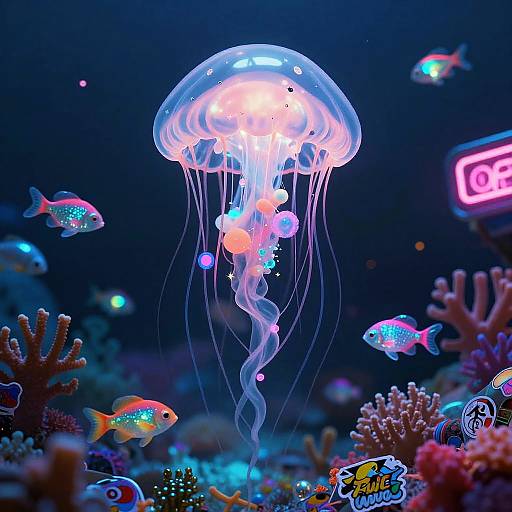 Surreal Neon Robotic Jellyfish Art