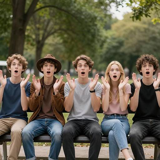 Surprised Friends on Sunlit Park Bench