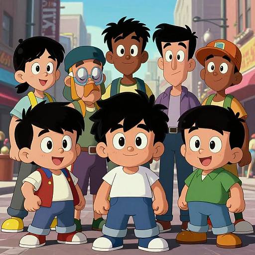 Cartoon-style image of seven diverse, smiling children with black hair, standing in a colorful urban street, wearing various clothes.