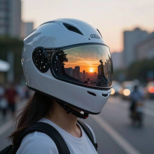 Photograph of a person wearing a white helmet with a reflective visor showing a sunset cityscape, standing on a bustling urban street.