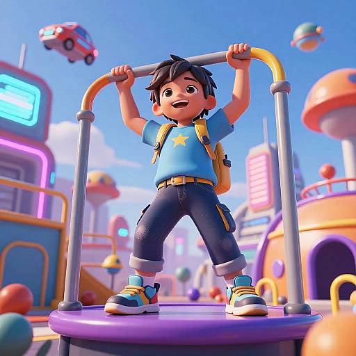 CGI image of a happy, young boy with black hair, blue shirt, yellow backpack, and blue pants, swinging on a playground bar in a