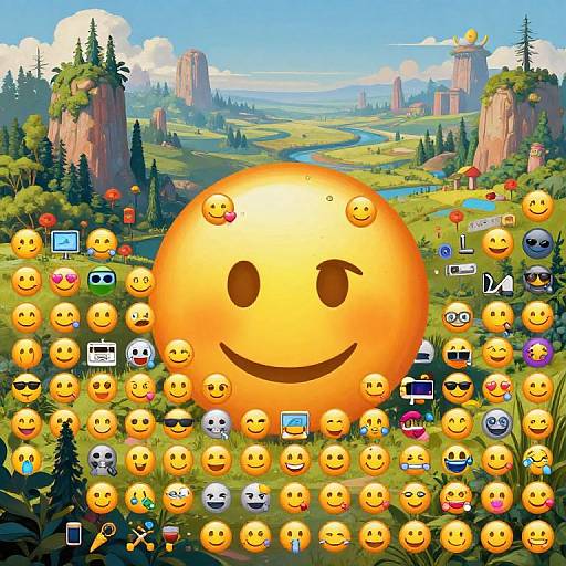 Digital artwork of a large, smiling yellow sun emoji over a vibrant, detailed fantasy landscape with mountains, forests, and emojis surrounding it, featuring various expressions