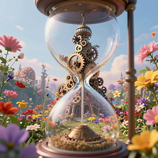 Digital artwork: A clockwork steampunk tower inside a glass hourglass, surrounded by vibrant flowers, with a sunny, blue sky background.