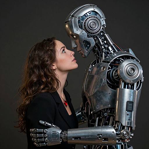 Photograph of a woman with long brown hair, in a black top, gazing at a silver humanoid robot, their faces close, against a dark