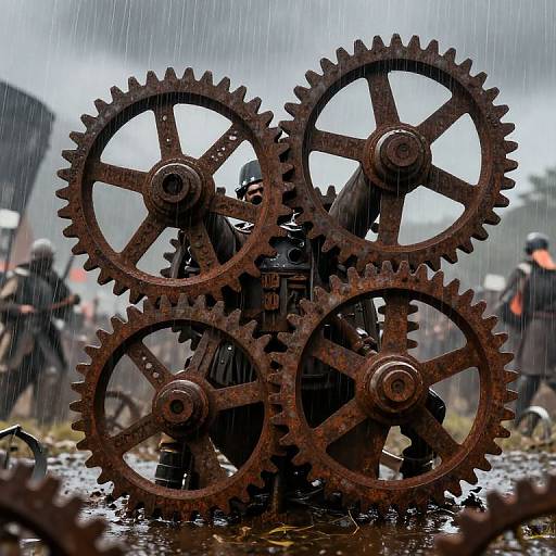 Photograph of large, rusted, interlocking gears in the rain, with blurred, rain-soaked soldiers in the background, creating a steamp