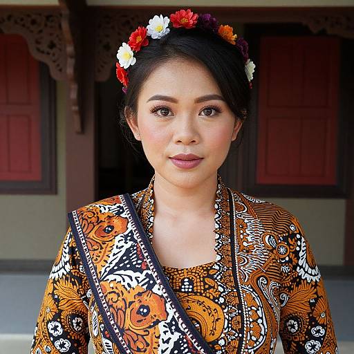 Photograph of an Asian woman with dark hair, wearing a floral headband, intricate orange and black patterned blouse, and black shoulder bag, standing