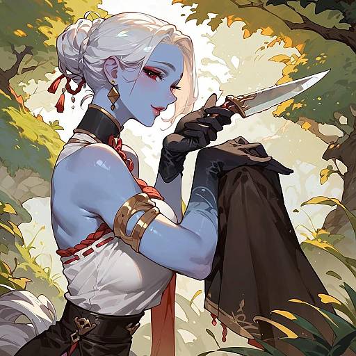Blue-skinned Woman with Knife Outdoors
