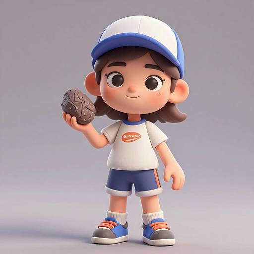 CGI illustration of a cute, cartoon boy with brown hair, wearing a white and blue cap, shirt, shorts, and sneakers, holding a chocolate