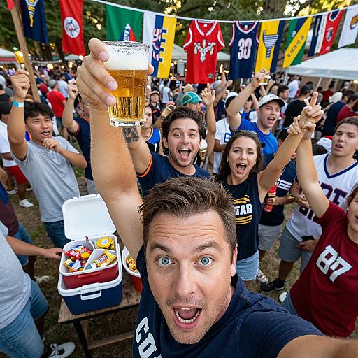 Photograph of excited young men at an outdoor sports party, raising beers, wearing jerseys, colorful flags, and smiling wildly. Foreground man with brown