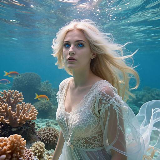Underwater photograph of a blonde woman with blue eyes, wearing a white, lace, sheer dress, surrounded by coral reefs and orange fish.