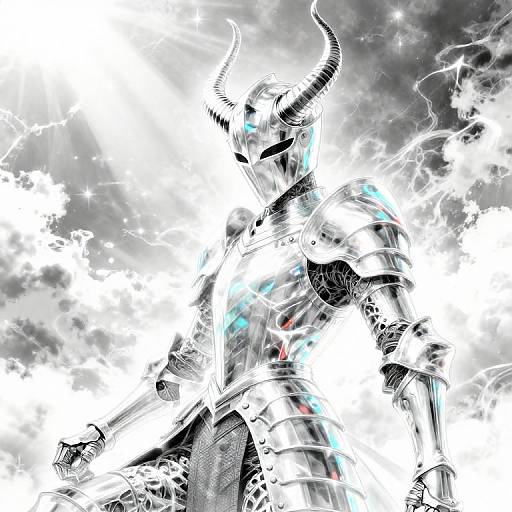Digital anime-style drawing of a horned, armored warrior engulfed in electric white light, standing against a dynamic, cloudy background.