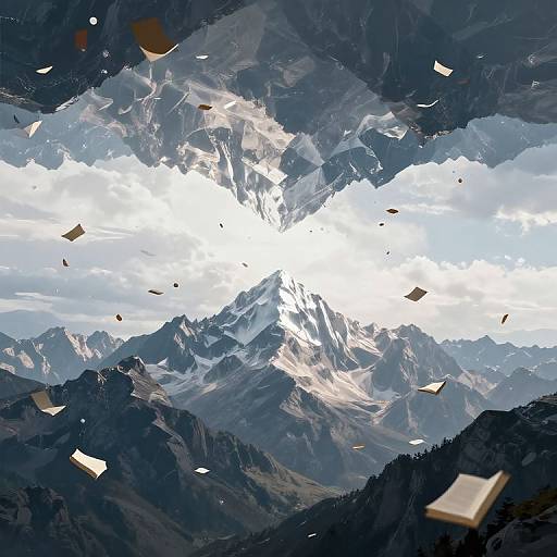 Digital artwork of a mountainous landscape with a bright, explosive white light at the center. Floating books surround the luminous burst amidst dark, jagged
