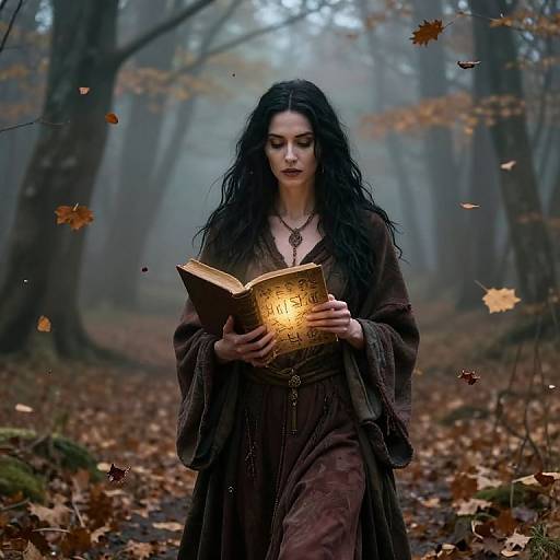 Photograph-style digital art: Pale, long-haired woman with dark eyes and brown medieval robe reads glowing book in misty autumn forest.