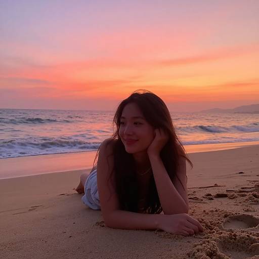 Photograph of a smiling young Asian woman with long dark hair, lying on a sandy beach at sunset, wearing a white dress, with colorful orange and