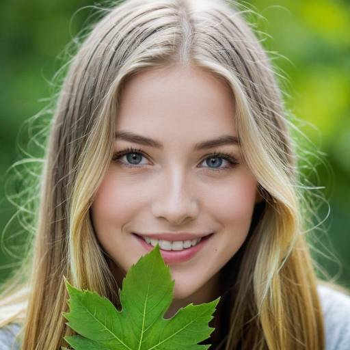 Smiling young woman holding green leaf