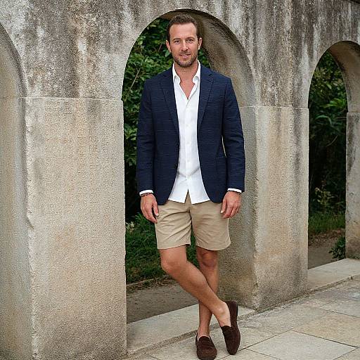 Photograph of a tall, handsome man with short brown hair and beard, wearing a navy blazer, white shirt, beige shorts, and brown loaf