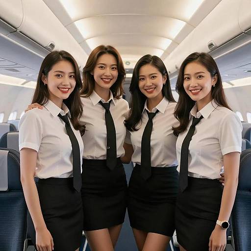 Smiling Flight Attendants in Airplane Cabin