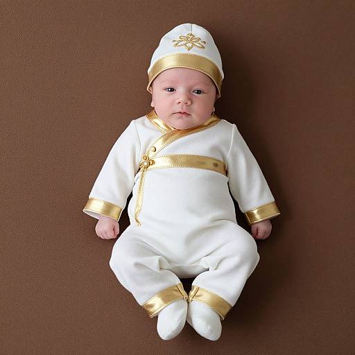 Newborn Baby in White and Gold Outfit