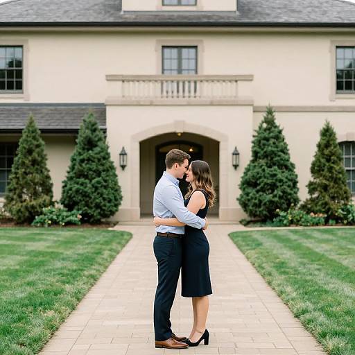 Photograph of a young couple kissing in front of a large, elegant house with manicured lawn, tall conifer trees, and a stone pathway.