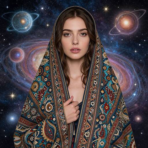 Photograph-like digital art of a fair-skinned woman with long brown hair, wearing a colorful, ornate shawl, against a cosmic galaxy background